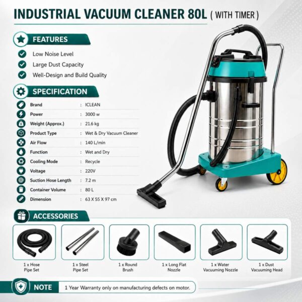 Industrial Vacuum Cleaner 80 Ltr (With Timer) specification