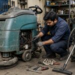 Cleaning machine repair technician servicing old industrial floor scrubber and vacuum cleaner equipment in workshop