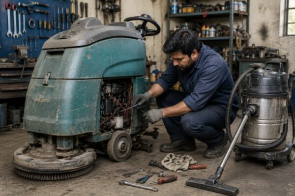 Cleaning machine repair technician servicing old industrial floor scrubber and vacuum cleaner equipment in workshop