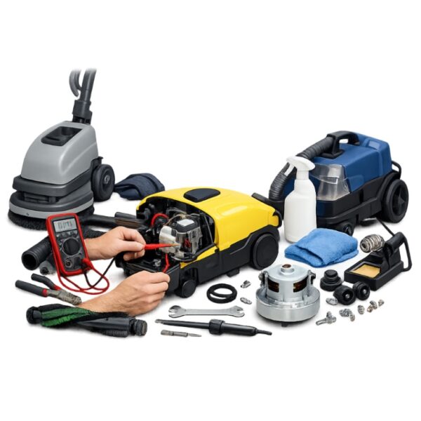 Professional cleaning equipment repair service technician repairing industrial vacuum cleaner and floor cleaning machines with maintenance tools on white background in Bangalore