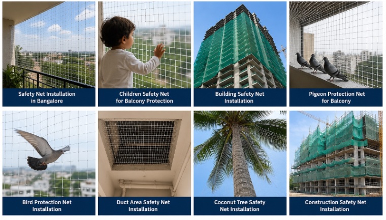 Safety net and pigeon protection net installation for apartment balcony in Bangalore