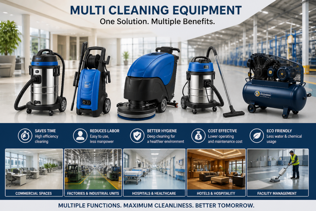 Multi cleaning equipment including vacuum cleaner, pressure washer, floor scrubber and air compressor for commercial and industrial cleaning use