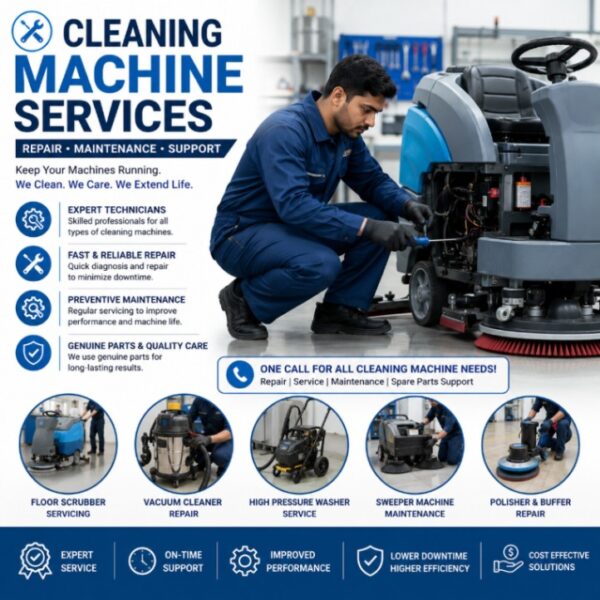 Old floor scrubber machine repair and vacuum cleaner maintenance services with professional technician support
