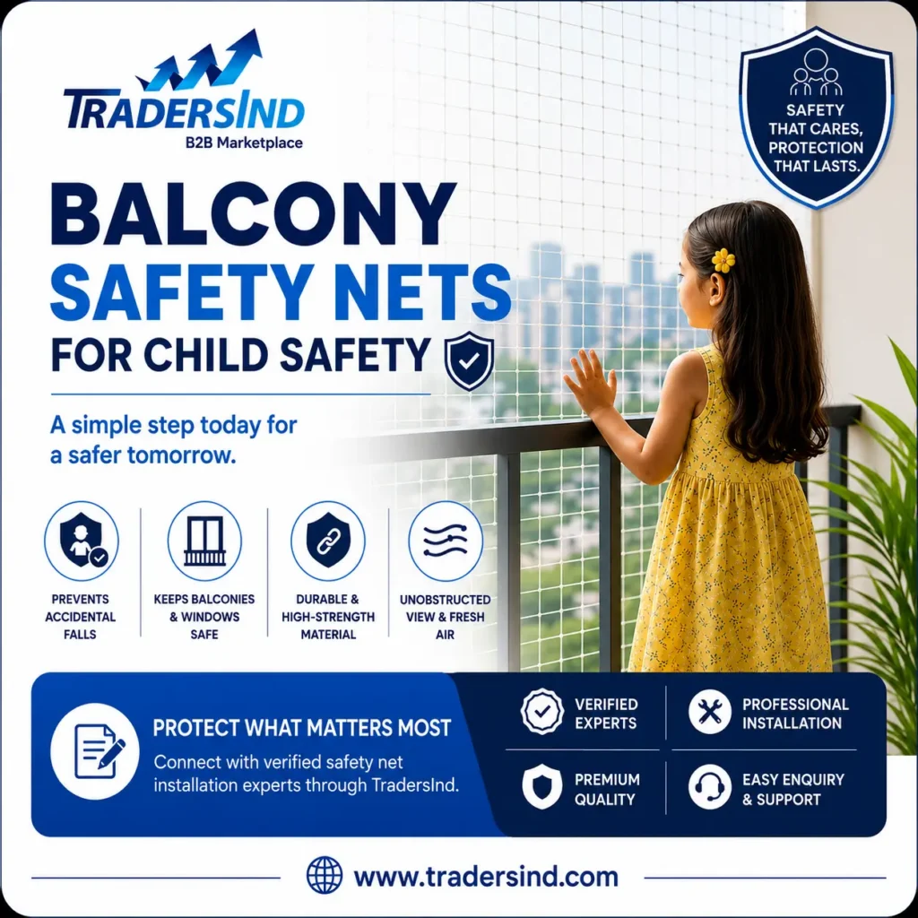 Balcony Safety Nets for Child Safety – Child standing safely near a balcony protected with a safety net installed by verified experts.