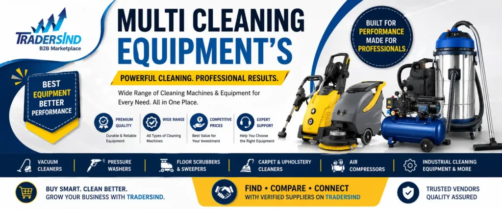 Multi Cleaning Equipment including Vacuum Cleaner, Pressure Washer, Air Compressor and Floor Scrubber available through verified suppliers on TradersInd B2B Marketplace.