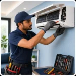 Expert technician servicing split air conditioner for residential and commercial customers across India