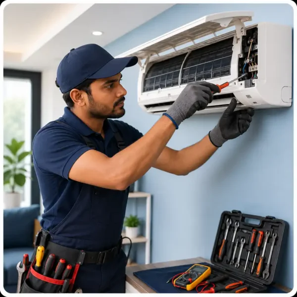 Expert technician servicing split air conditioner for residential and commercial customers across India