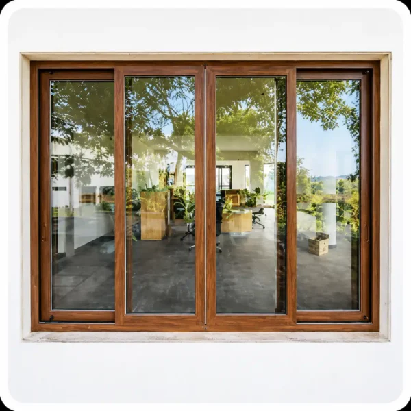 Wood finish UPVC sliding doors with large glass panels for balcony and living room