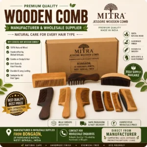 Premium wooden comb manufacturer and wholesale supplier from Jessore, West Bengal, India, displaying a collection of handcrafted natural wooden combs in various designs with eco-friendly packaging, bulk order availability, and manufacturer branding.