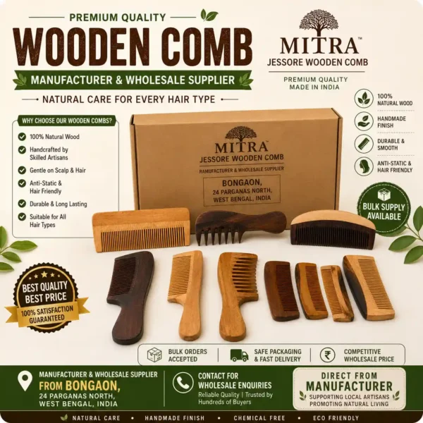 Premium wooden comb manufacturer and wholesale supplier from Jessore, West Bengal, India, displaying a collection of handcrafted natural wooden combs in various designs with eco-friendly packaging, bulk order availability, and manufacturer branding.