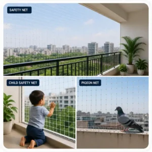 Safety net installation services for balconies with child safety net and pigeon protection in Bangalore.