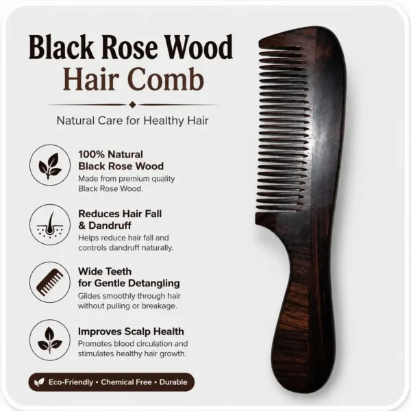 Black Rose Wood wooden handle hair comb for natural hair care and gentle scalp massage