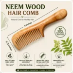 Neem Wood handle hair comb with 8 inch length and 2.25 inch width for natural hair care