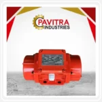 Pavitra Industries red industrial vibratory motor product displayed with Pavitra Industries branding