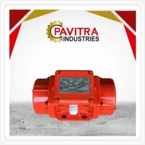 Pavitra Industries red industrial vibratory motor product displayed with Pavitra Industries branding