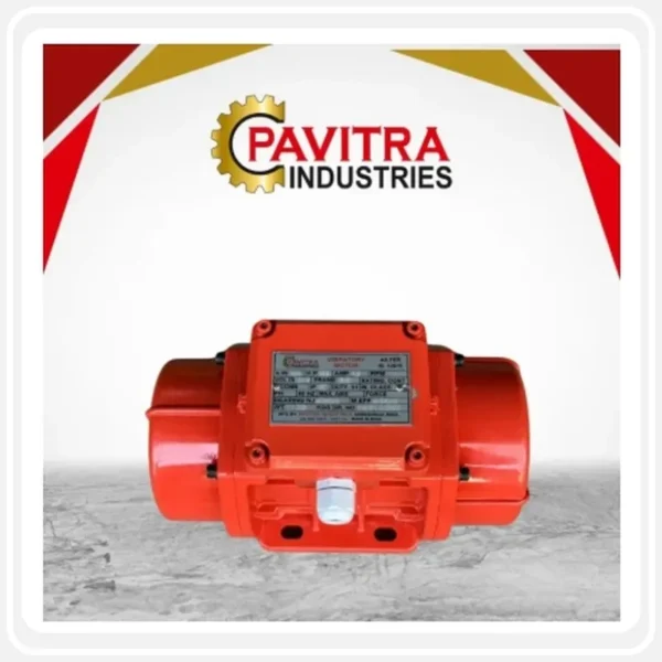 Pavitra Industries red industrial vibratory motor product displayed with Pavitra Industries branding