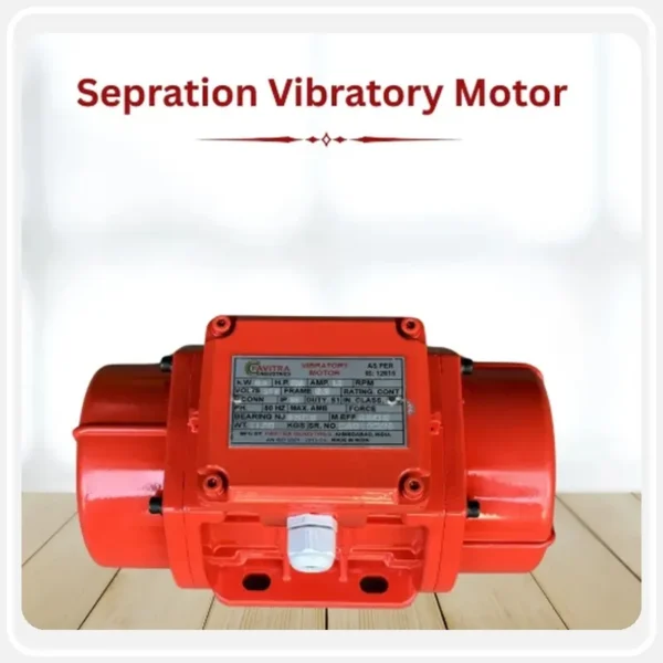 Pavitra Industries vibratory motor specifications showing centrifugal force range, operating voltage, temperature range, insulation class, mounting, bearings and drive shaft details