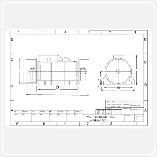 Pavitra Industries vibratory motor technical drawing showing front and side views with dimensional reference points