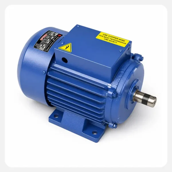 Speed Motors blue foot mounted induction motor with terminal box on white background