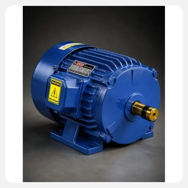 Speed Motors blue industrial electric motor with high voltage warning label and brass shaft