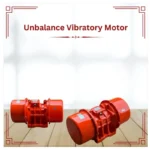 Unbalance Vibratory Motor displayed on a clean product showcase background with two industrial red vibration motors positioned on a wooden surface. The image highlights heavy-duty vibratory motors used in material handling, screening, conveying, and industrial machinery applications.