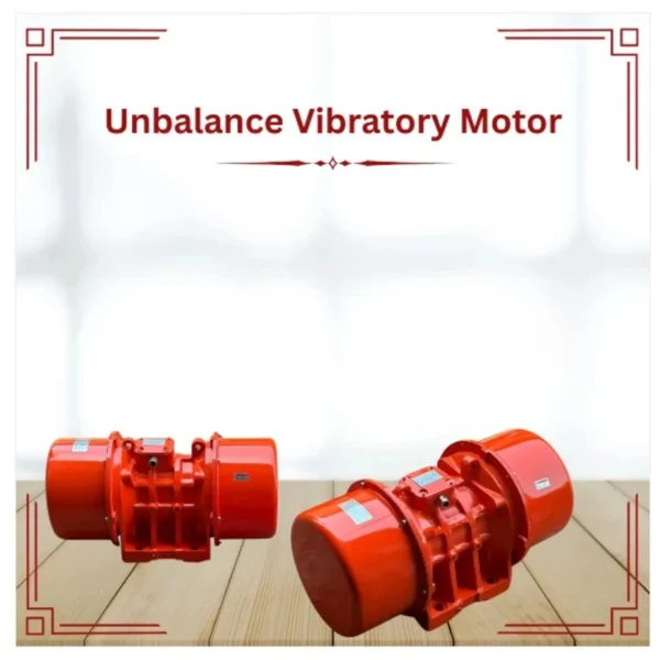 Unbalance Vibratory Motor displayed on a clean product showcase background with two industrial red vibration motors positioned on a wooden surface. The image highlights heavy-duty vibratory motors used in material handling, screening, conveying, and industrial machinery applications.
