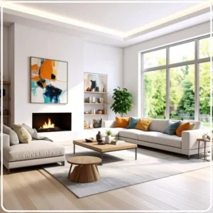 Bright modern living room interior with large windows and contemporary furniture