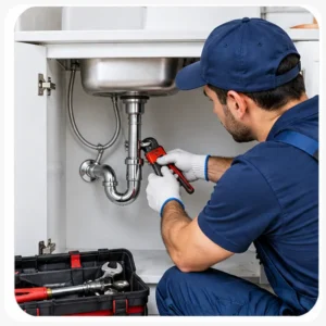 Professional plumber repairing kitchen sink pipes