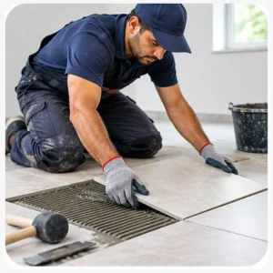 Professional worker installing floor tiles with adhesive