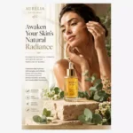 Aurelia Skincare radiance serum promotional image with skincare product and botanical styling
