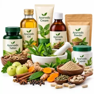 Ayurvedic products including herbal oils, creams, syrups, powders, tablets and capsules