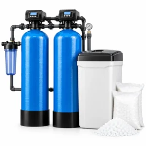 Hardwater softener water treatment system with resin tanks and brine tank