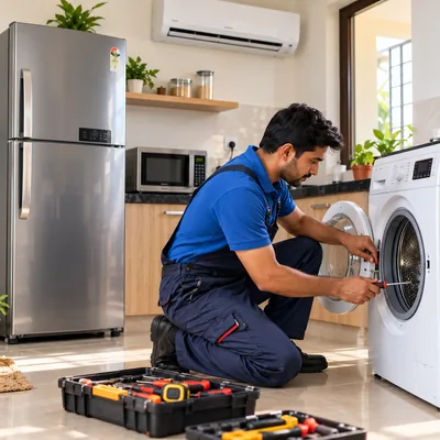 Technician repairing a washing machine and household appliances in a modern home