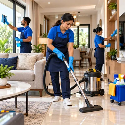 Professional cleaners vacuuming floors and cleaning a modern home interior