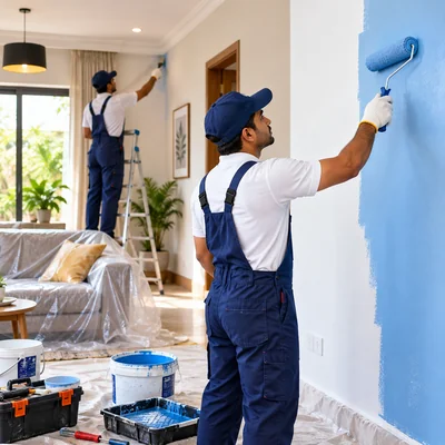 Professional painter applying fresh paint to a living room wall