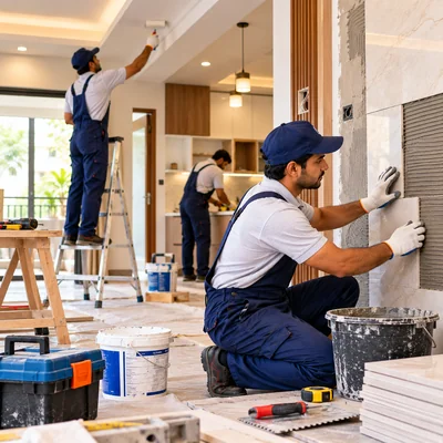 Workers providing house renovation services with wall tile installation and interior repairs
