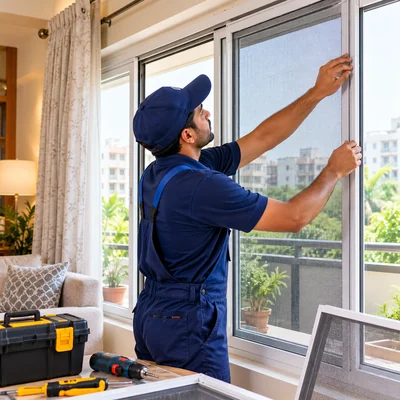 Technician installing a mosquito mesh screen on a window in a modern home