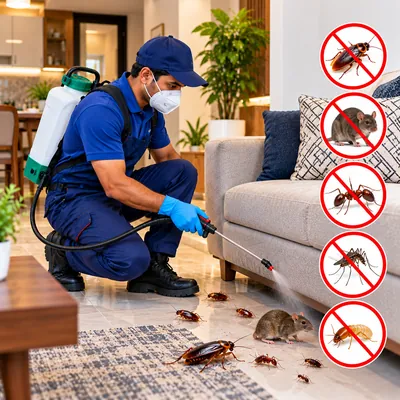 Pest control technician treating a home for cockroaches, rats, ants and mosquitoes