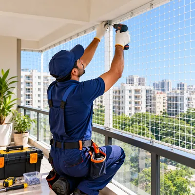 Technician installing a safety net on a high-rise apartment balcony