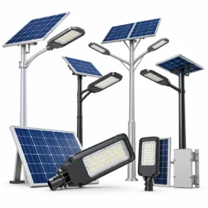Solar street lights and poles with solar panels for outdoor lighting