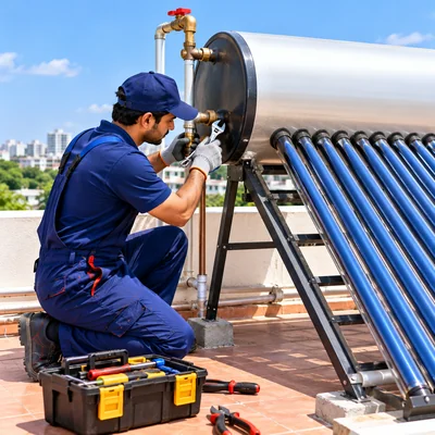 Technician repairing a solar water heater on a residential rooftop