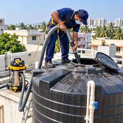 Professional cleaning an overhead water storage tank using a vacuum cleaner on a residential rooftop