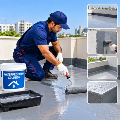 Professional applying waterproof coating to a residential rooftop terrace